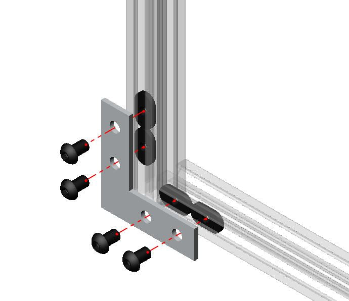Matte black 90-degree steel L-shape flat corner plate for reinforcing 2020, 2525, and 4040 T-slot aluminum extrusion joints.