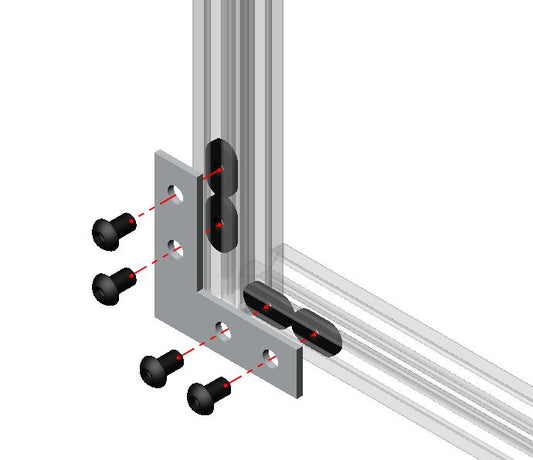 Matte black 90-degree steel L-shape flat corner plate for reinforcing 2020, 2525, and 4040 T-slot aluminum extrusion joints.