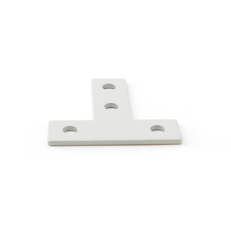silver powder coated steel 4-hole flat T-plate connector used for joining 2020, 2525, and 4040 aluminum T-slot profiles