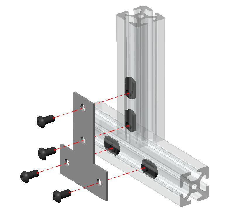 Matte black powder coated steel 4-hole flat T-plate connector used for joining 2020, 2525, and 4040 aluminum T-slot profiles