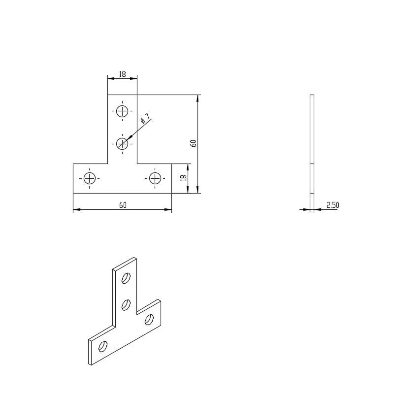 black powder coated steel 4-hole flat T-plate connector used for joining 2020, 2525, and 4040 aluminum T-slot profiles