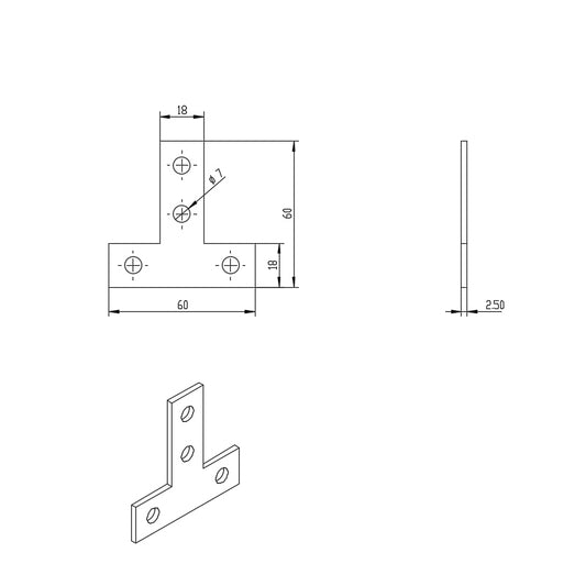 black powder coated steel 4-hole flat T-plate connector used for joining 2020, 2525, and 4040 aluminum T-slot profiles