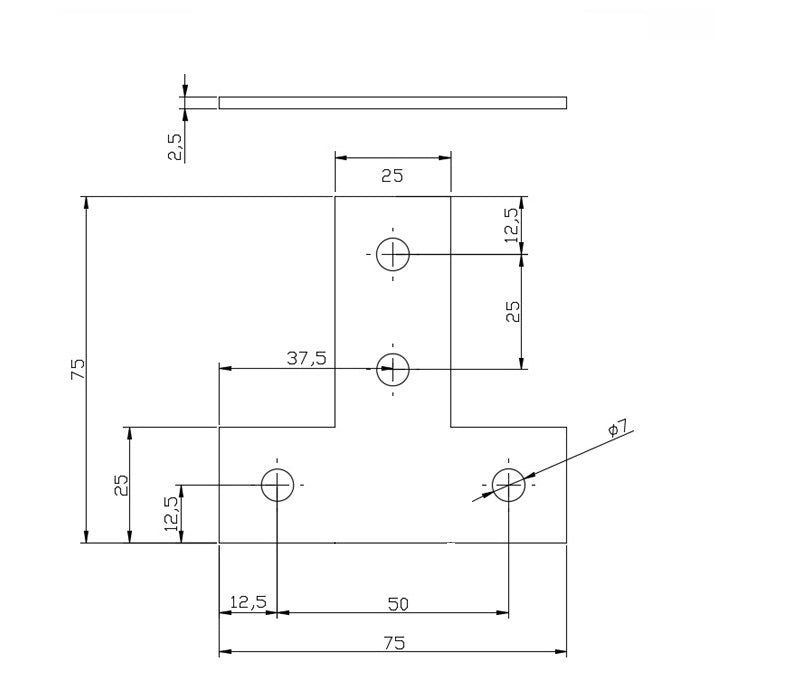 Powder coated steel 4-hole flat T-plate connector used for joining 2525 dimensions aluminum T-slot profiles