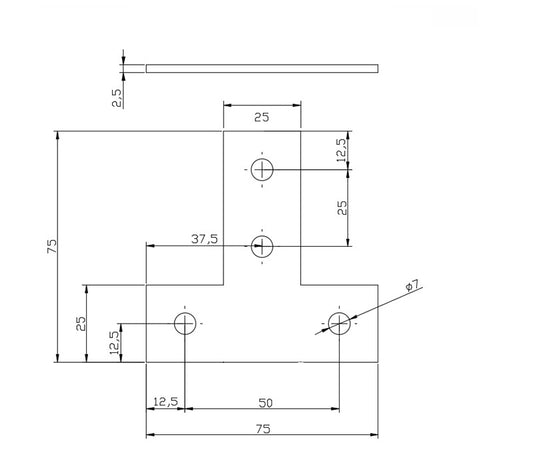 Powder coated steel 4-hole flat T-plate connector used for joining 2525 dimensions aluminum T-slot profiles