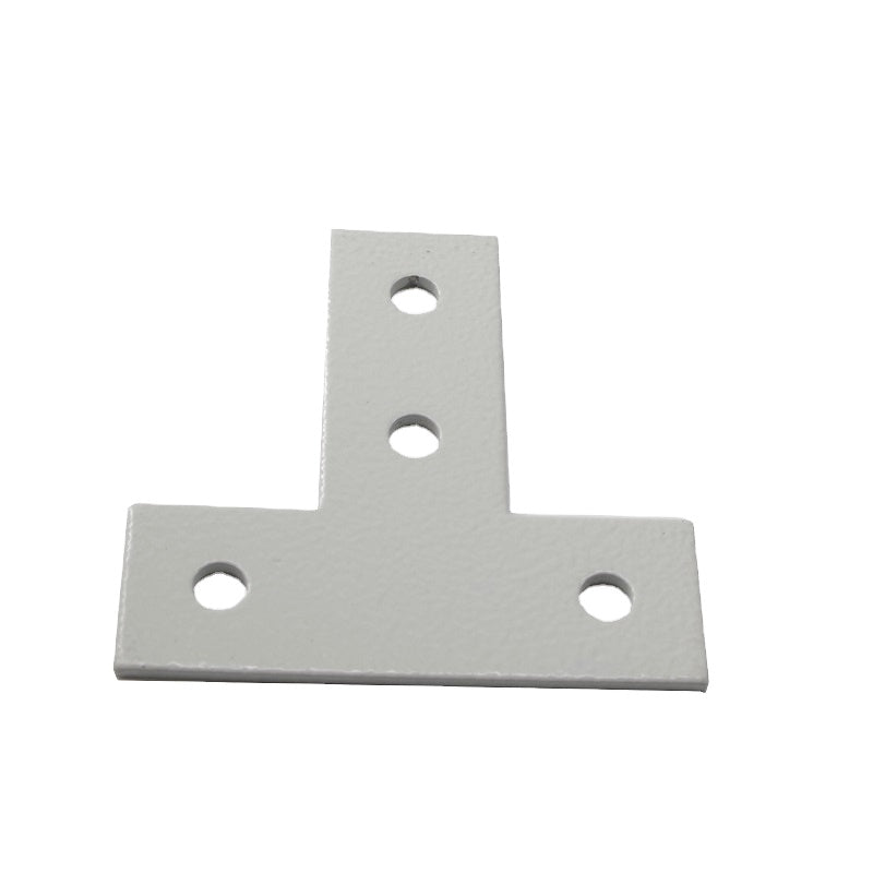 Powder coated steel 4-hole flat T-plate connector used for joining 2525 aluminum T-slot profiles.