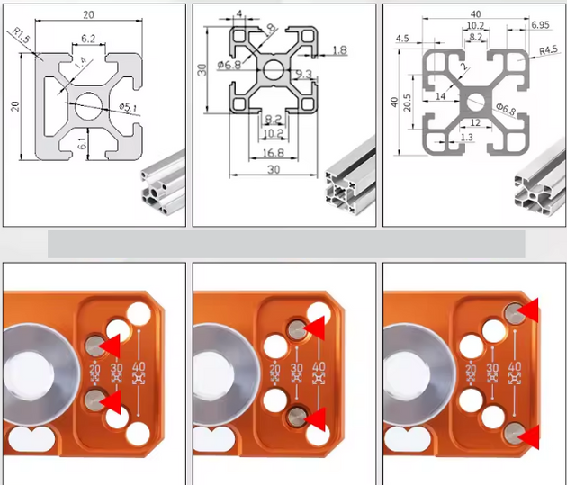 Alignment jig for drilling and counterboring holes in 2020, 3030, and 4040 aluminum T-slot extrusions for recessed screw heads