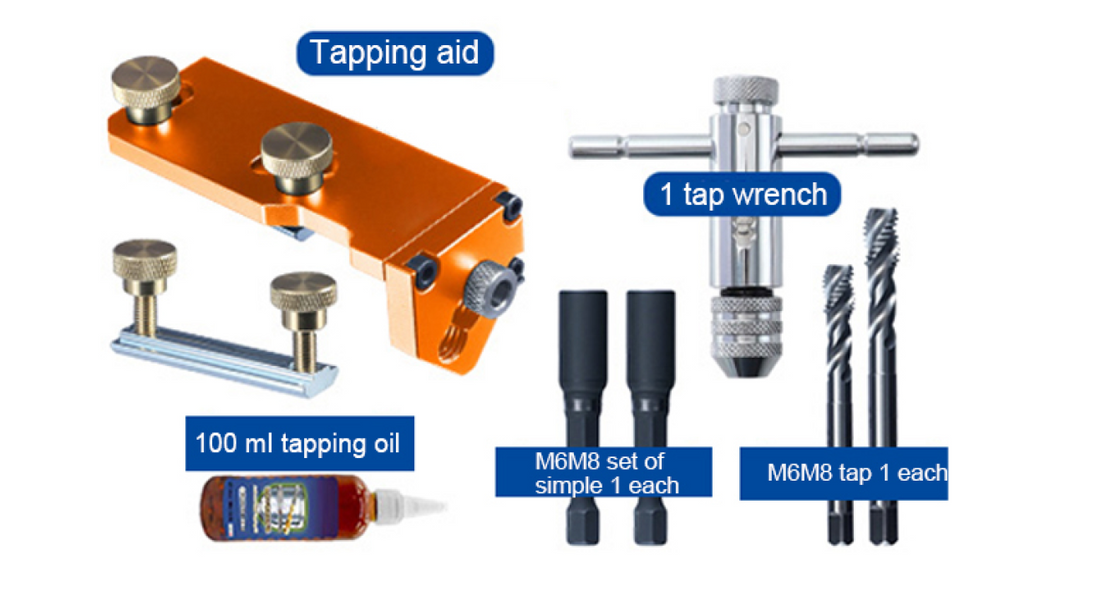 Aluminum profile end threading jig used to align a tap perfectly with the center bore of 2020, 3030, and 4040 extrusions
