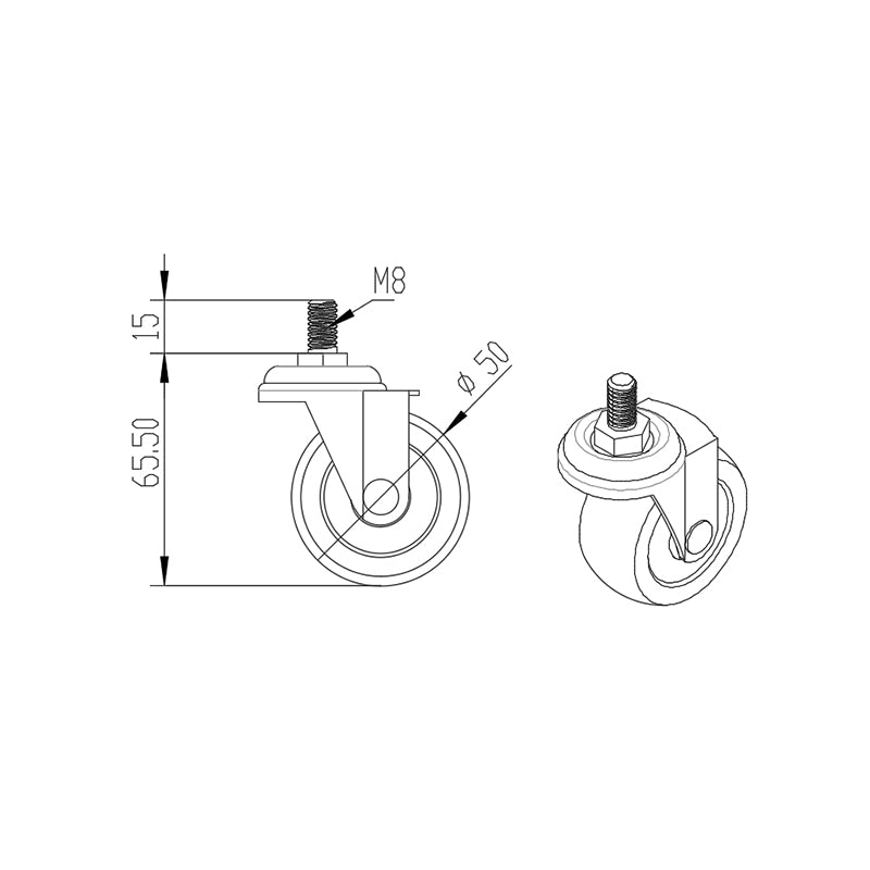50mm Heavy-Duty High-Grade Rubber Castor Wheels M8x15mm Stud - Heavy Duty 50kg Load Capacity